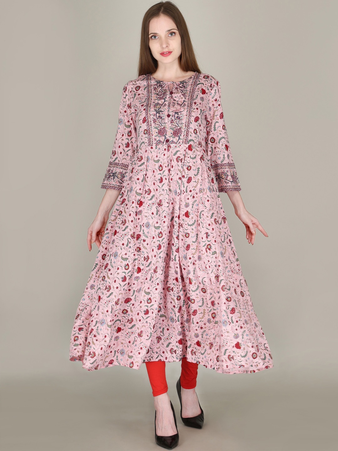 AJ ART Floral Printed Empire Tie-Up Neck Anarkali Kurta, Pink