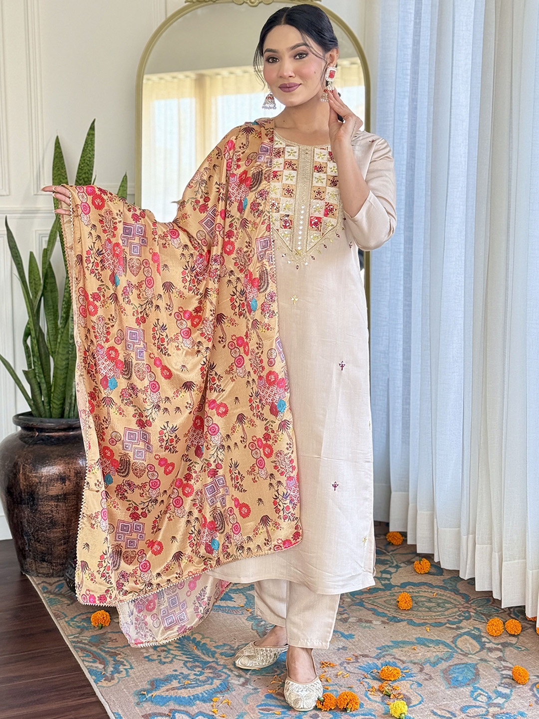 

KALINI Floral Embroidered Sequnnied Straight Kurta With Trousers And Dupatta, Beige