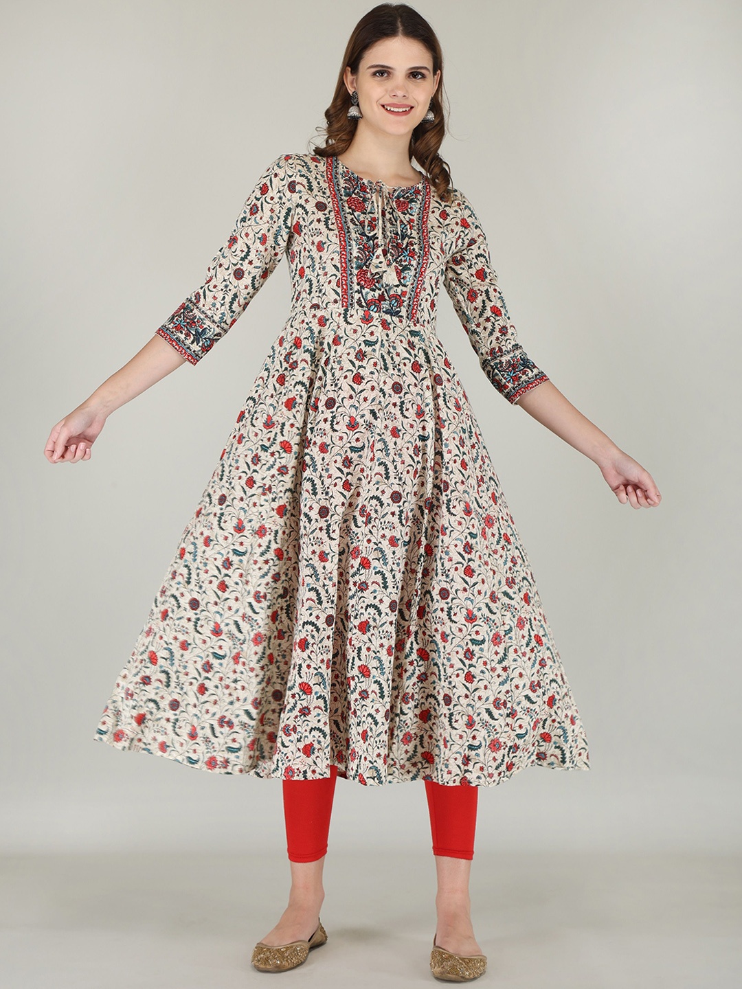 

AJ ART Floral Printed Empire Tie-Up Neck Anarkali Kurta, Cream