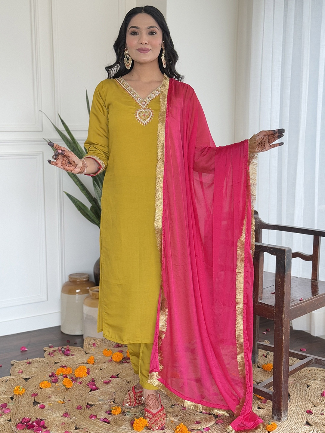 

KALINI Embroidered Yoke Design V-Neck Chanderi Silk Straight Kurta With Trousers & Dupatta, Lime green