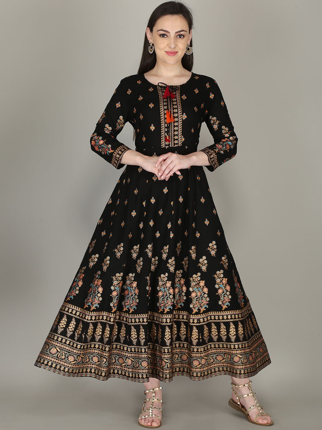 

AJ ART Floral Printed Empire Tie-Up Neck Anarkali Kurta, Black