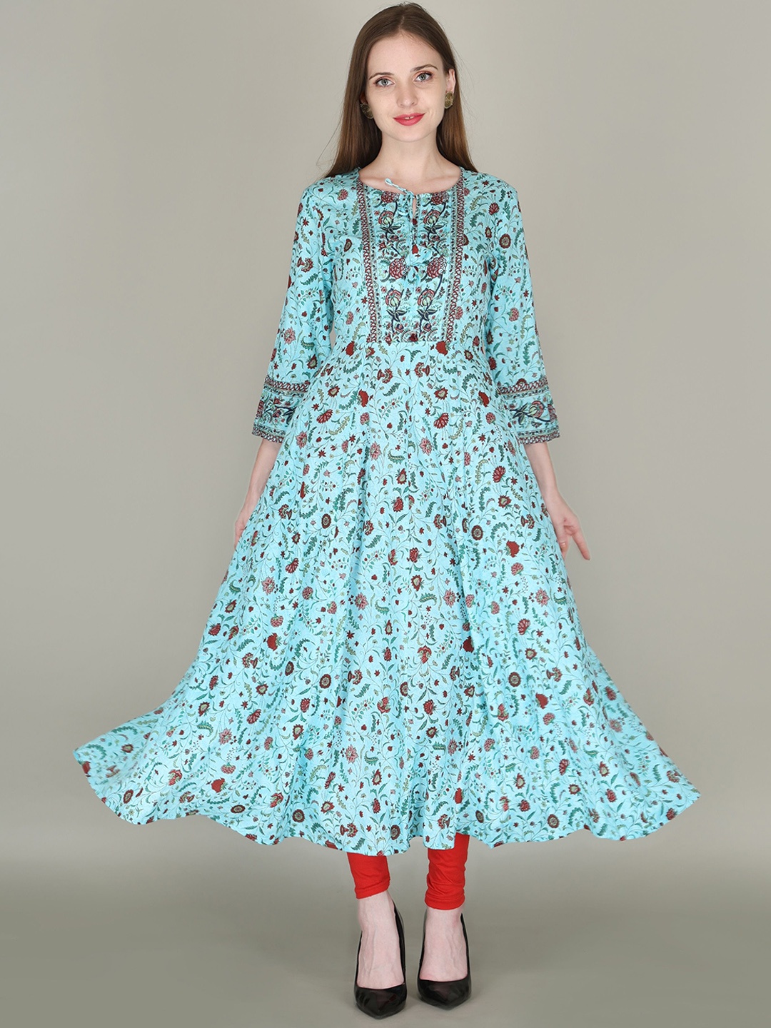 AJ ART Floral Printed Empire Tie-Up Neck Anarkali Kurta, Blue