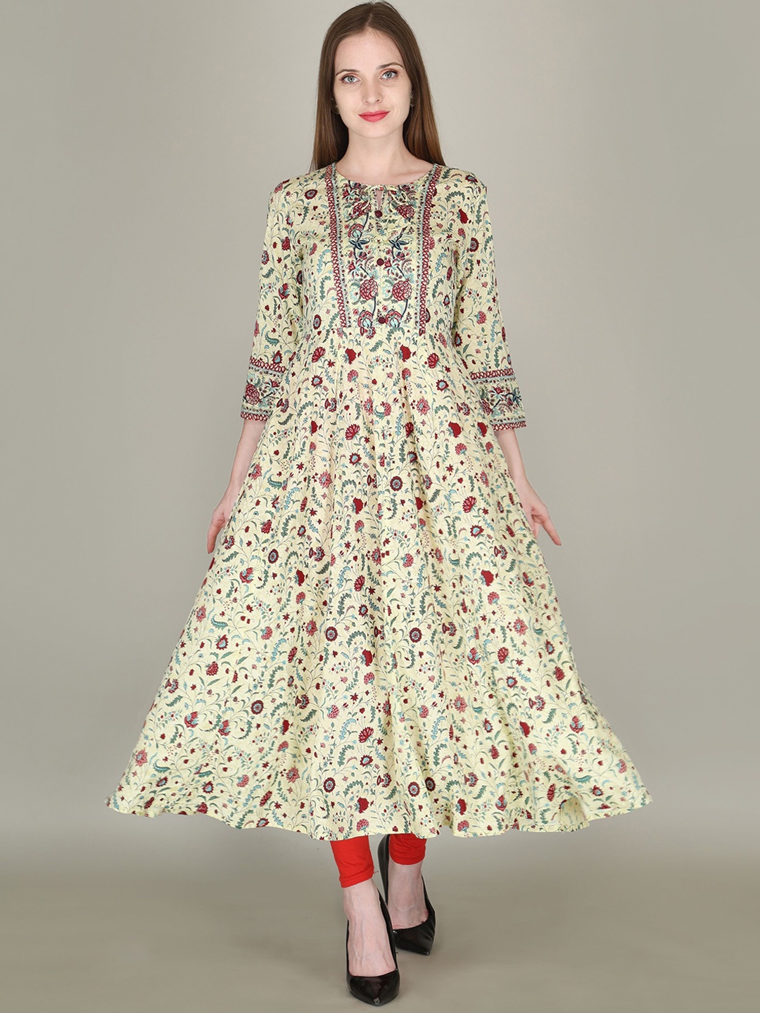 

AJ ART Floral Printed Empire Tie-Up Neck Anarkali Kurta, Yellow