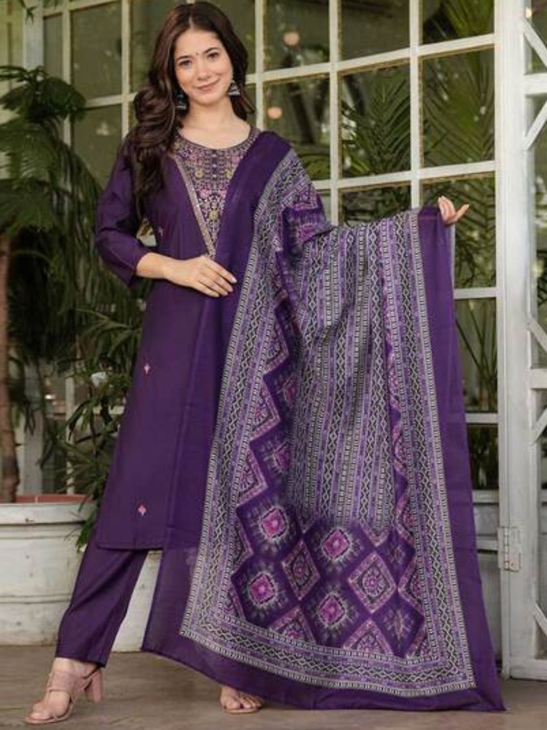 

KALINI Floral Embroidered V-Neck Kurta With Trousers & Dupatta, Purple