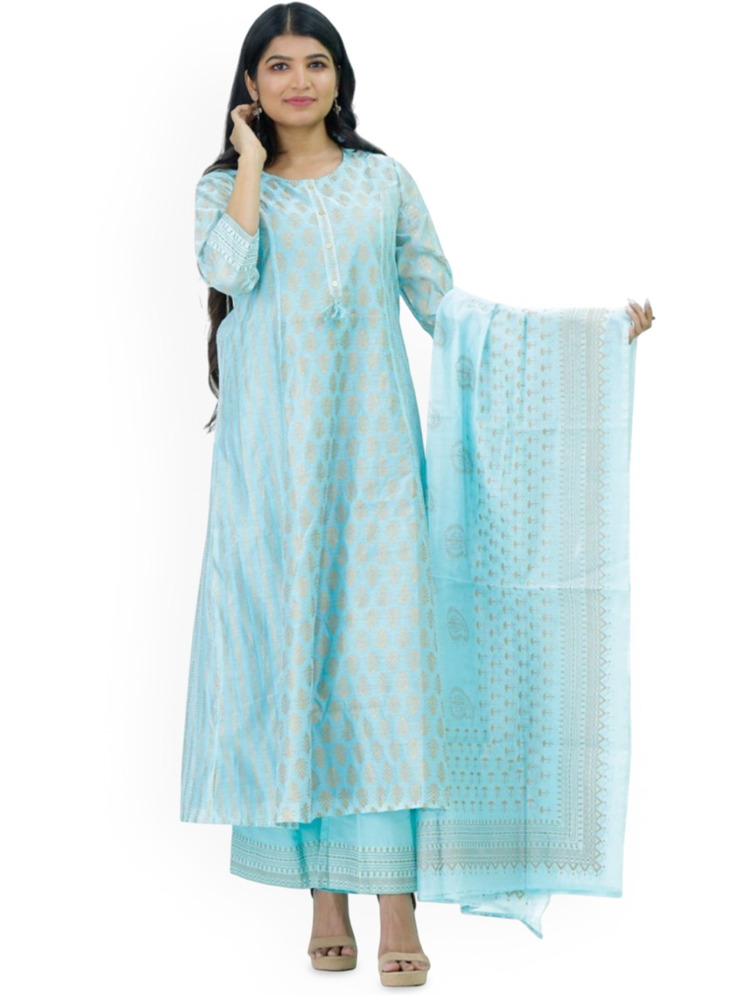 

Silselah Floral Printed Chanderi Silk Panelled A-Line Kurta With Palazzos & Dupatta, Turquoise blue