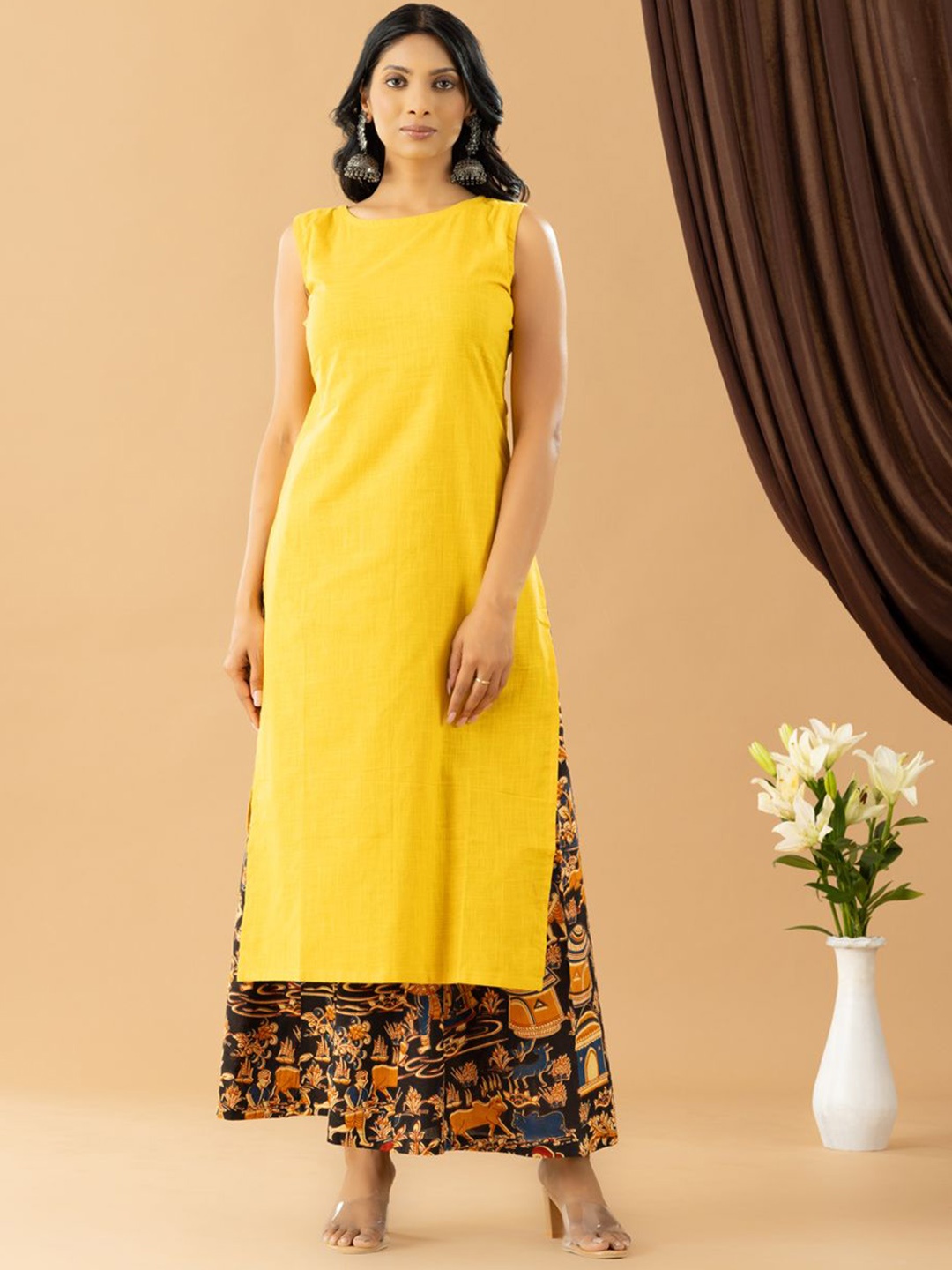 

HANDIKART Round Neck Straight Kurta With Palazzo, Yellow