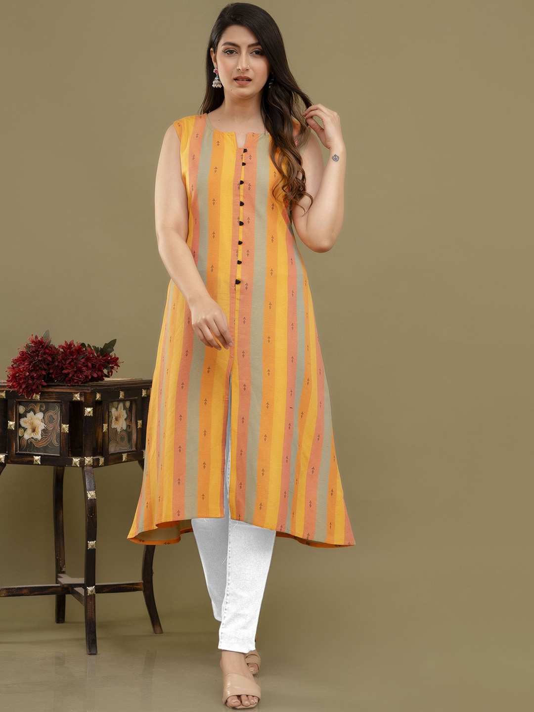 

Lerkiza Geometric Printed Notch Neck Sleeveless Pure Cotton A-Line Kurta, Yellow