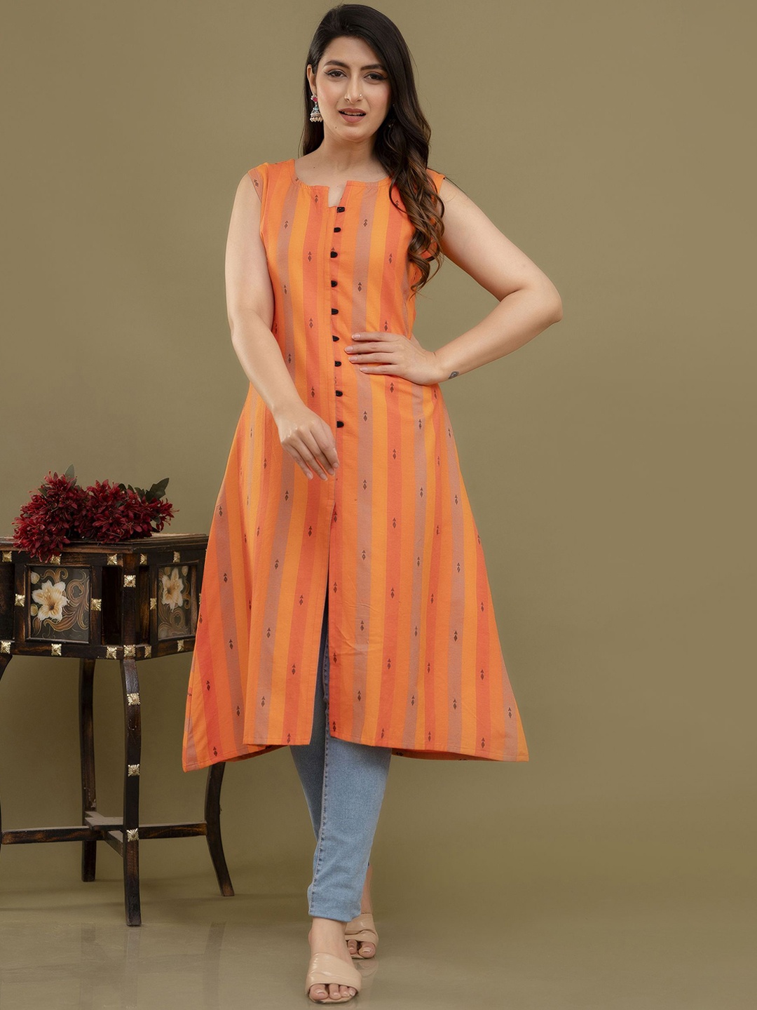 

Lerkiza Geometric Printed Notch Neck Sleeveless Pure Cotton A-Line Kurta, Orange