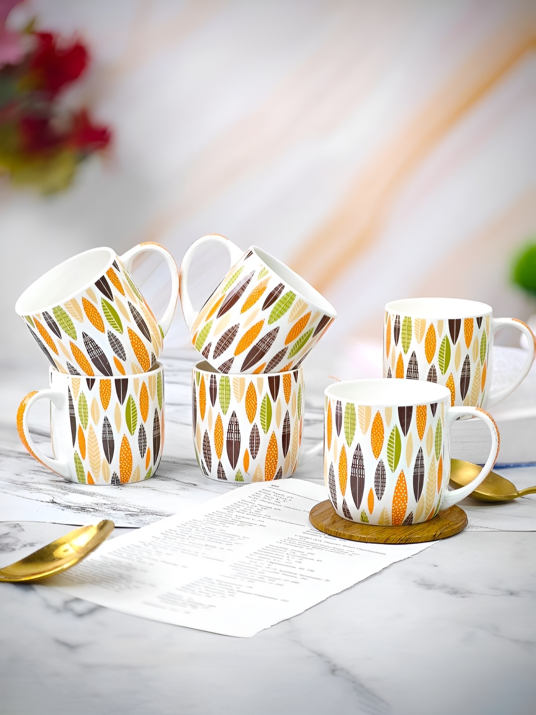 

UPC White & Green Floral Printed Ceramic Glossy Cups Set of Cups and Mugs