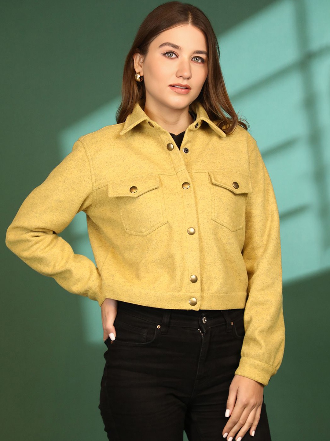 

Chemistry Women Spread Collar Solid Woollen Casual Lightweight Tailored Jacket, Mustard