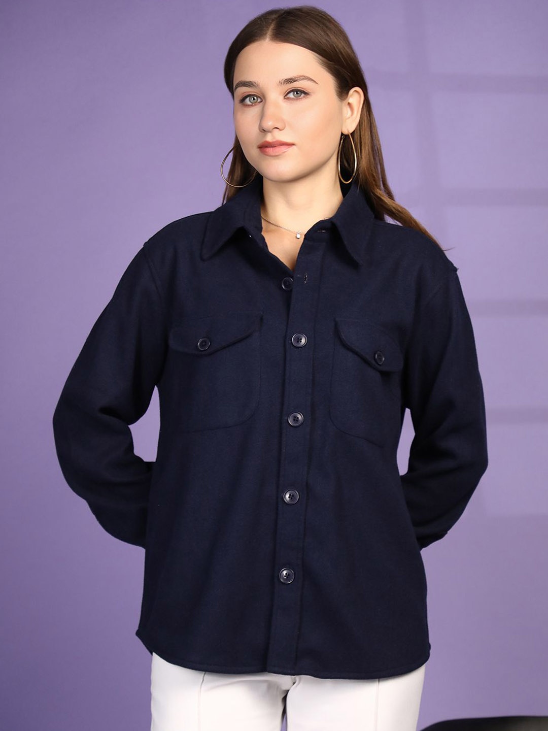 

Chemistry Women Solid Spread Collar Relaxed Fit Shacket, Navy blue