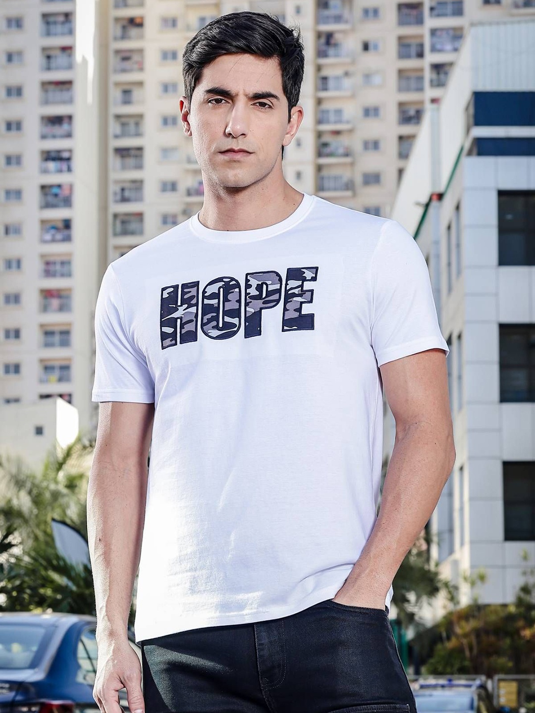 

ONE SKY Men Typography Printed Round Neck Cotton T-shirt, White
