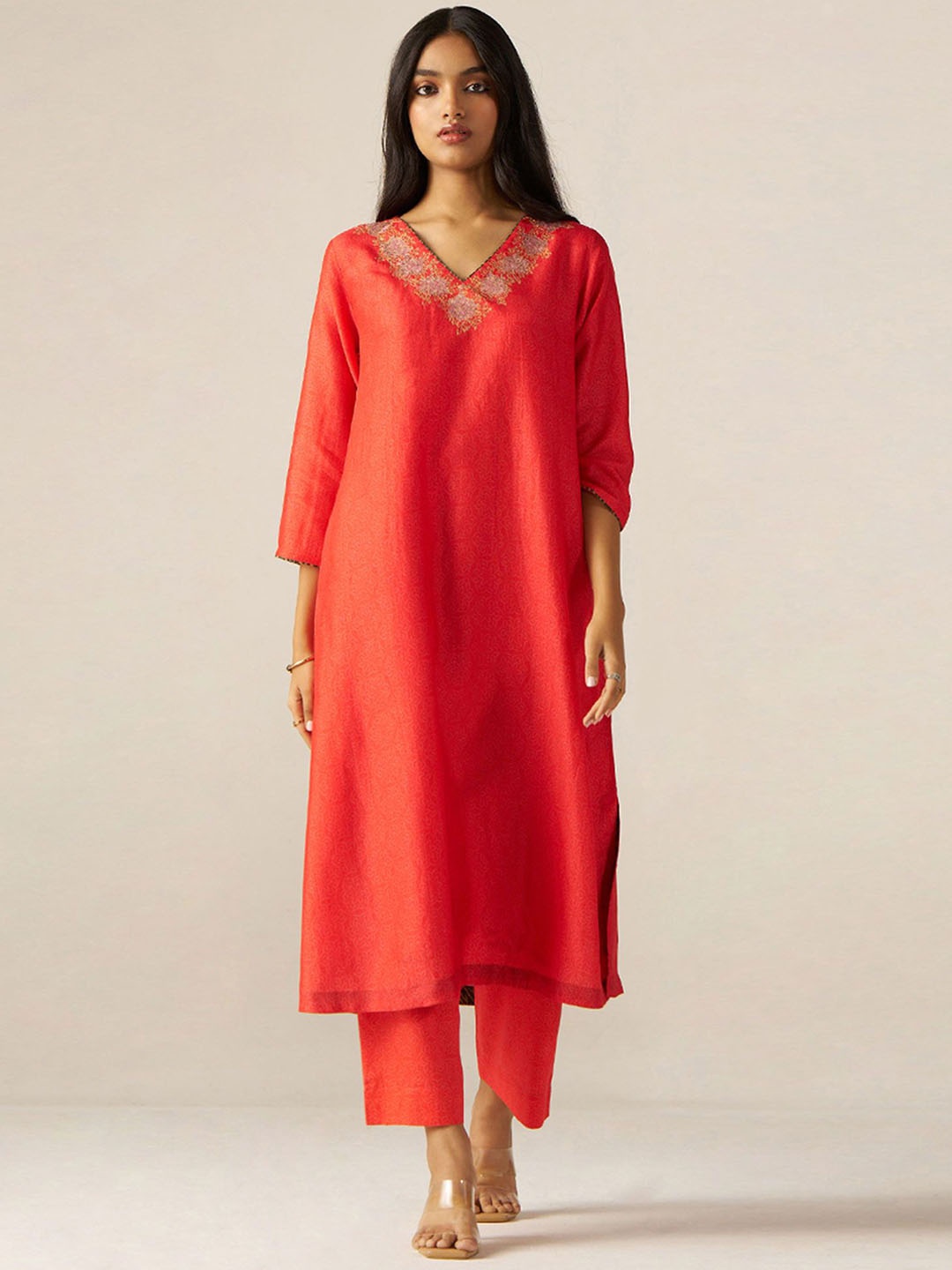

Ganga Sherni Printed V-Neck Tunic & Palazzo Ethnic Co-Ords, Red