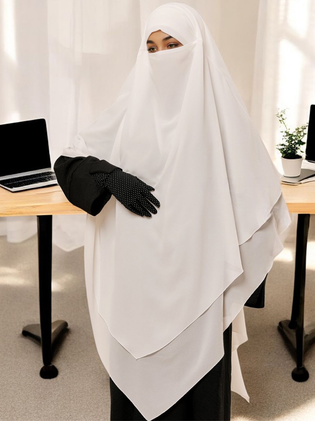 

MUSHKIYA 3-Layer Triangle Long Hijab With Attached Mouthpiece, White