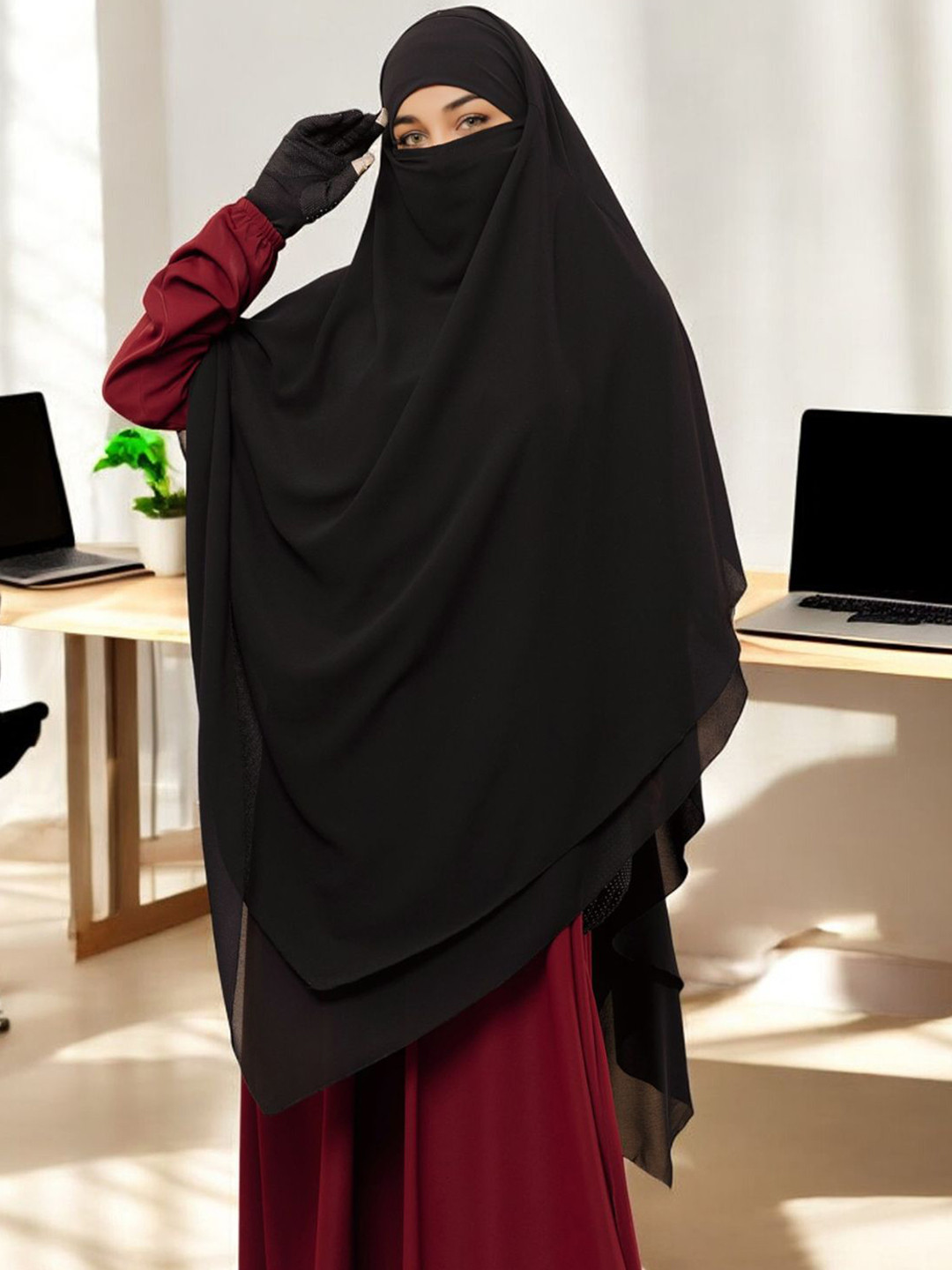 

MUSHKIYA 3-Layer Triangle Long Hijab With Attached Mouthpiece, Black
