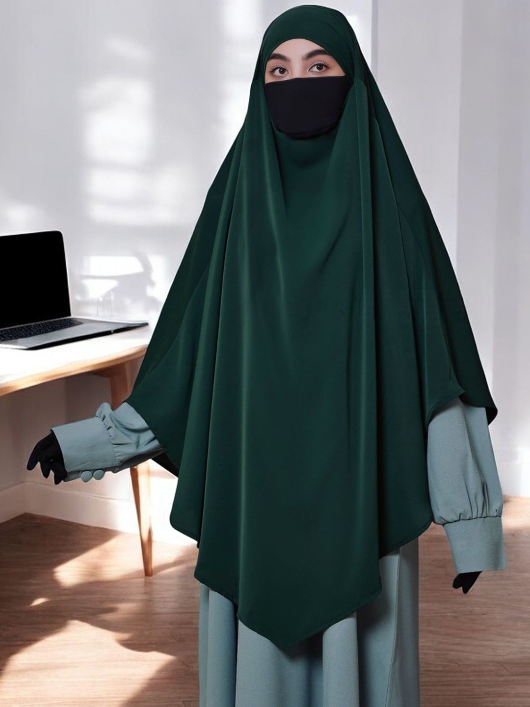 

MUSHKIYA 3-Layer Triangle Long Khimar Hijab With Attached Mouthpiece, Green