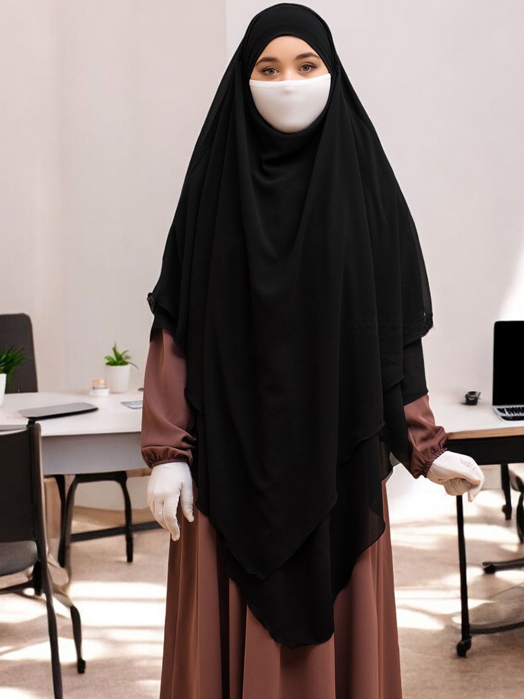 

MUSHKIYA 2-Layer Triangle Prayer Khimar Hijab With Attached Mouthpiece, Black