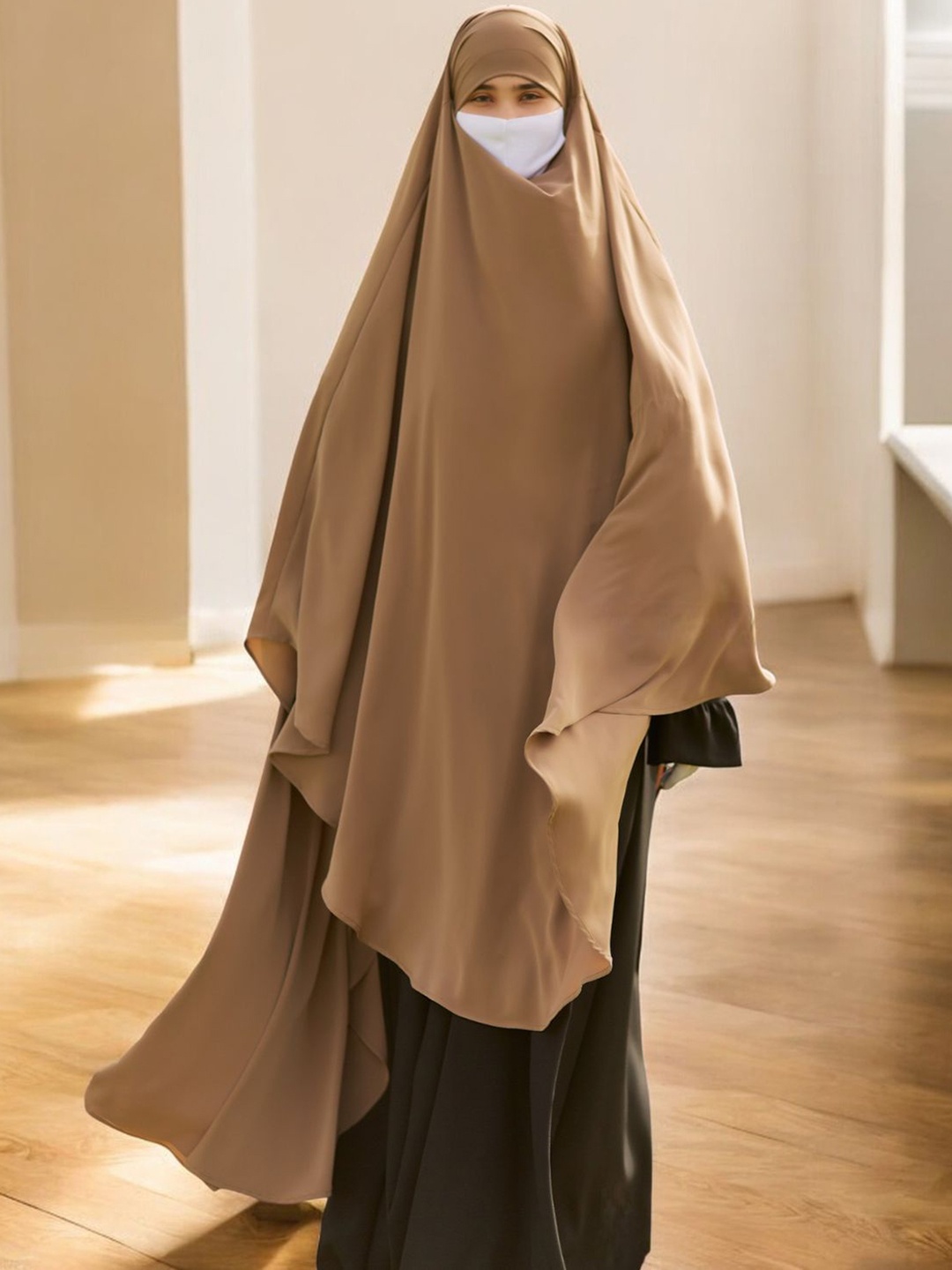 

MUSHKIYA Long Prayer Khimar Hijab With Attached Mouthpiece Ready-To-Wear With Tie-Back, Brown