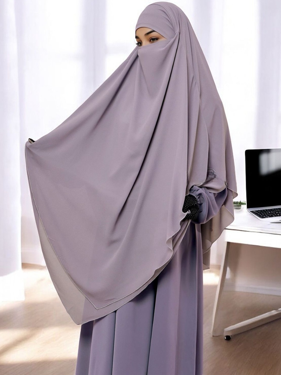 

MUSHKIYA 3-Layer Triangle Long Hijab With Attached Mouthpiece, Mauve