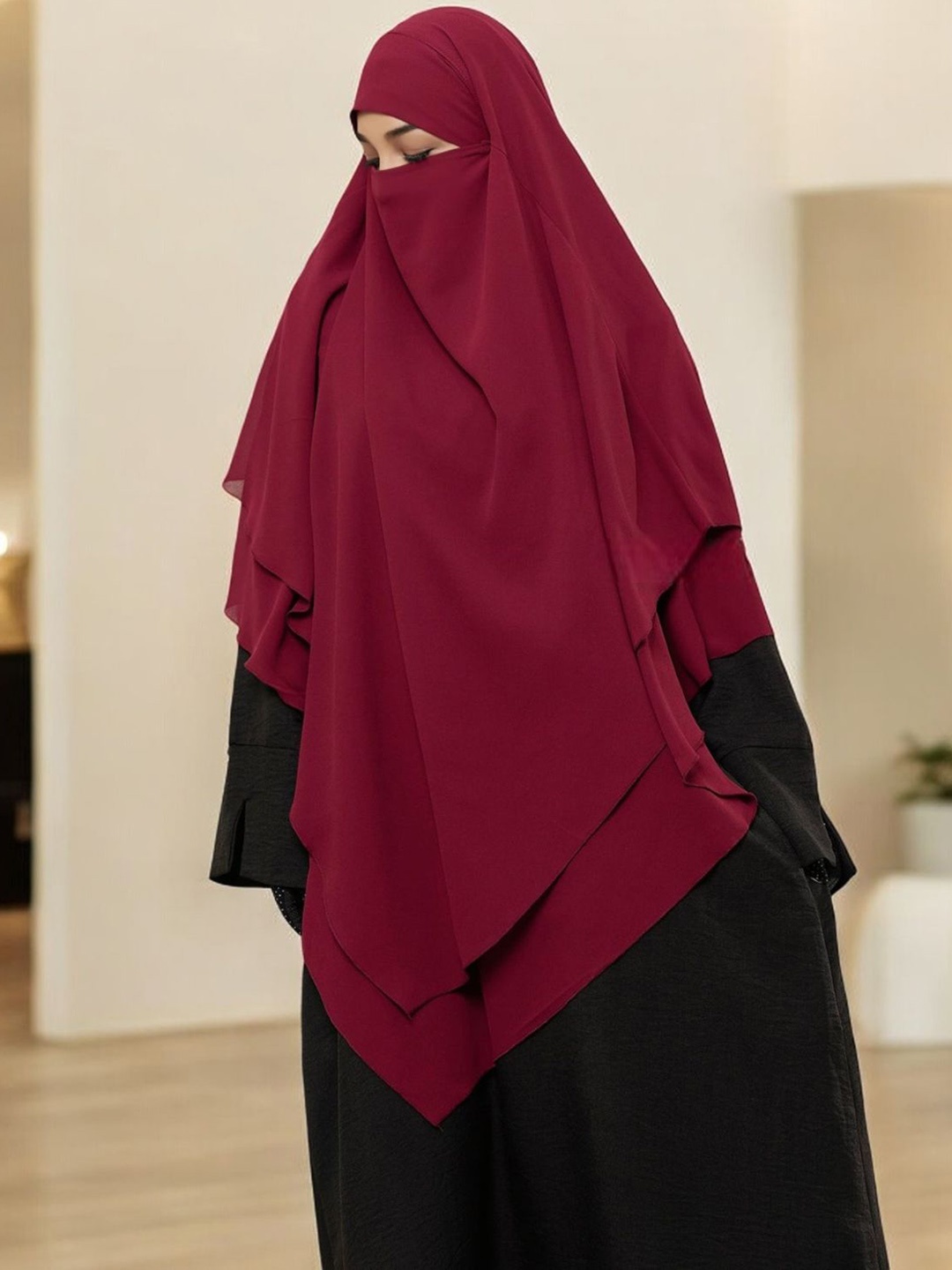 

MUSHKIYA 2-Layer Triangle Hijab with Attached Mouthpiece With Tie-Back Design, Maroon
