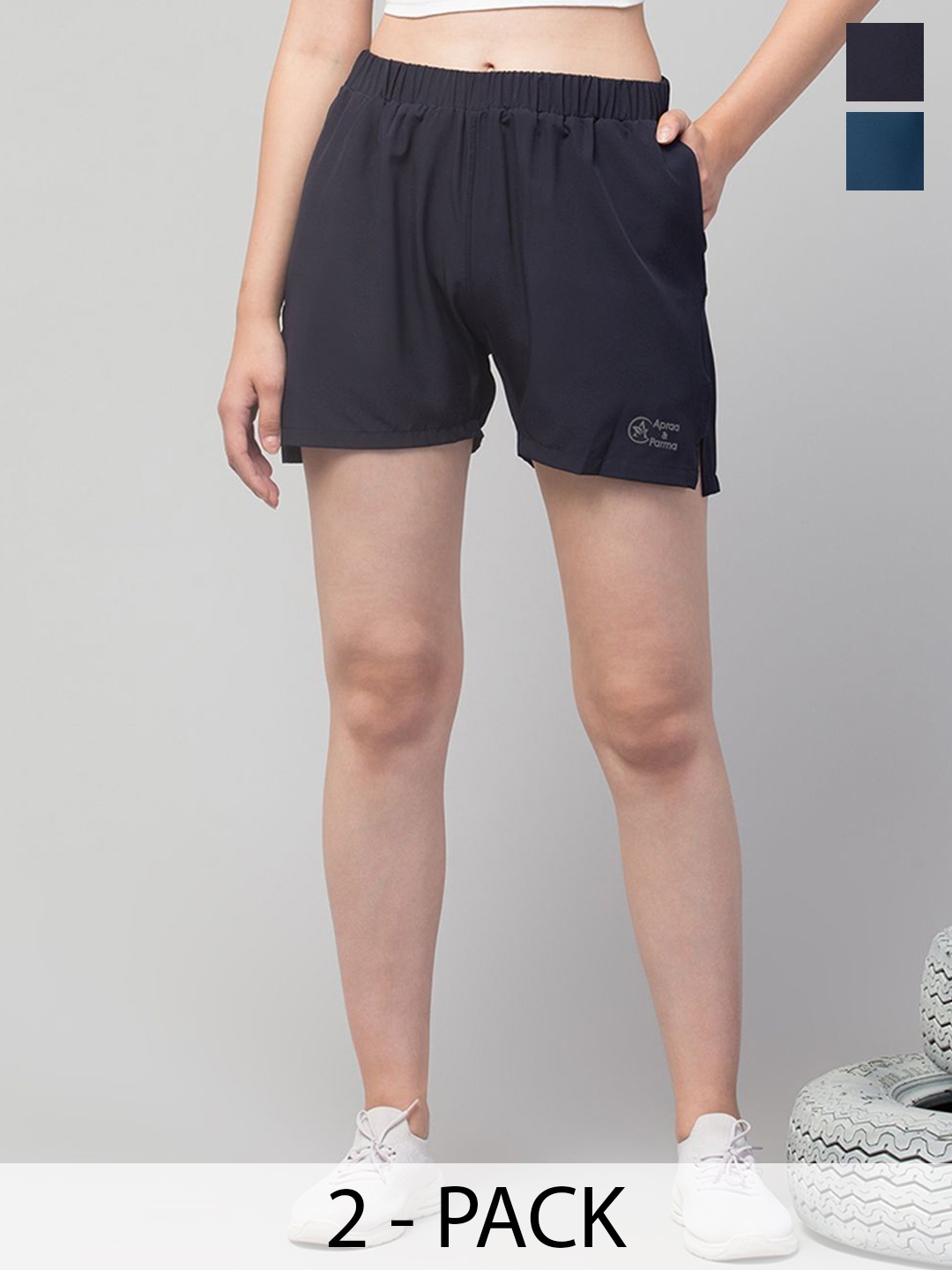 Apraa & Parma Women Pack Of 2 Running Dri-FIT Sports Shorts, Navy blue