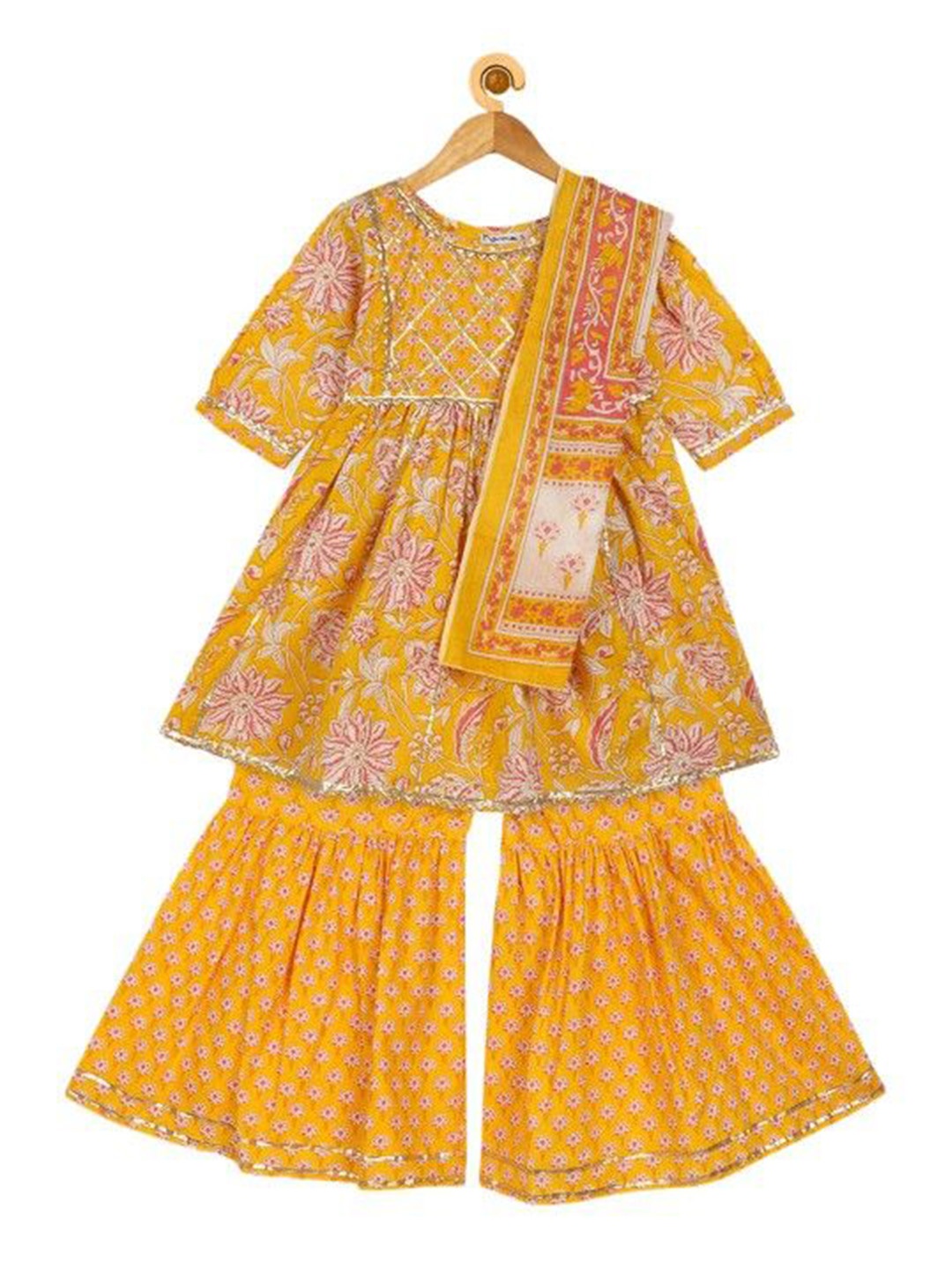 

Ka-mee Girls Floral Printed Gotta Patti Pure Cotton A-Line Kurta With Sharara And Dupatta, Yellow