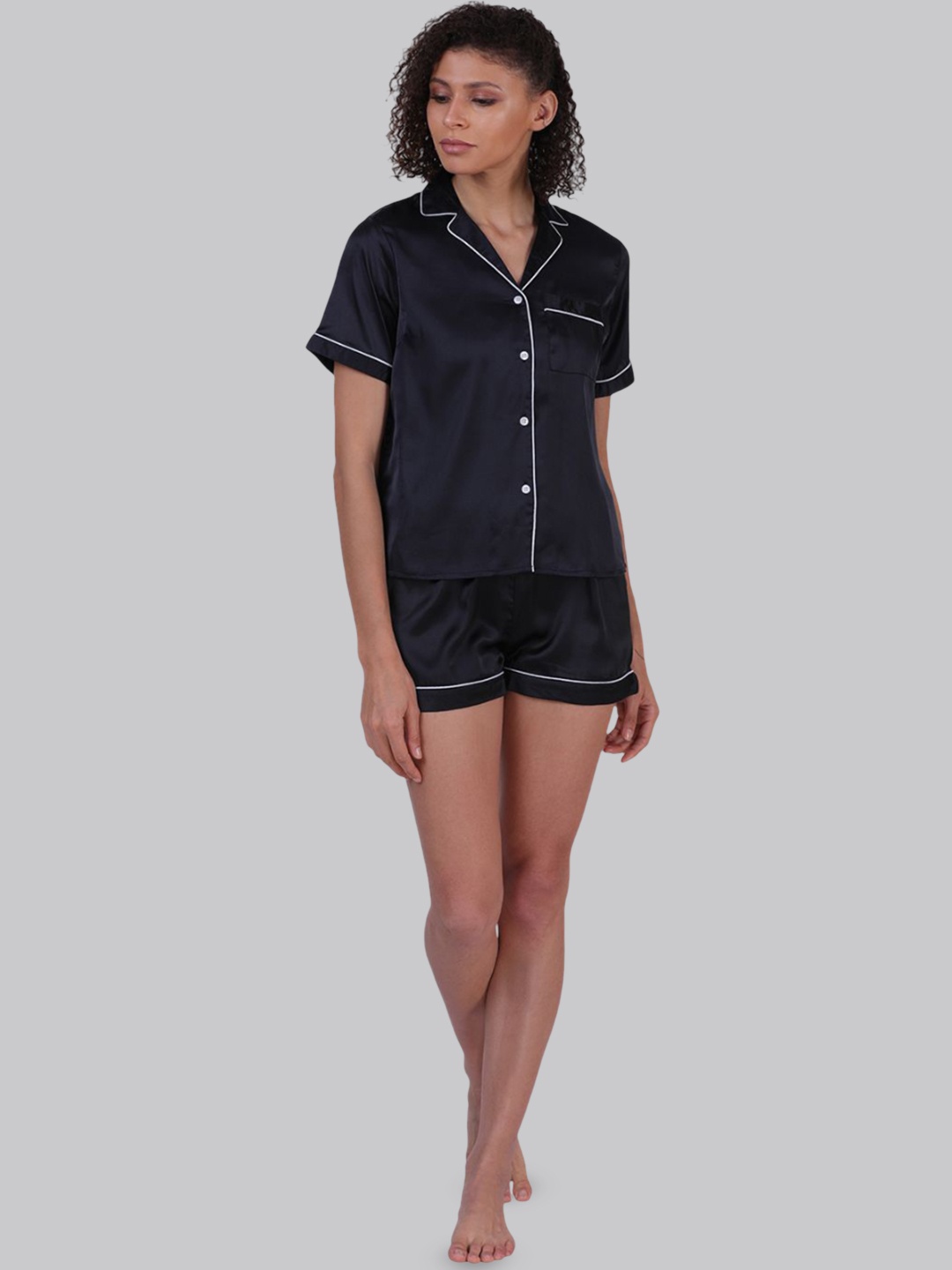 

PRETTY LOVING THING Women Lapel Collar Night suit, Black
