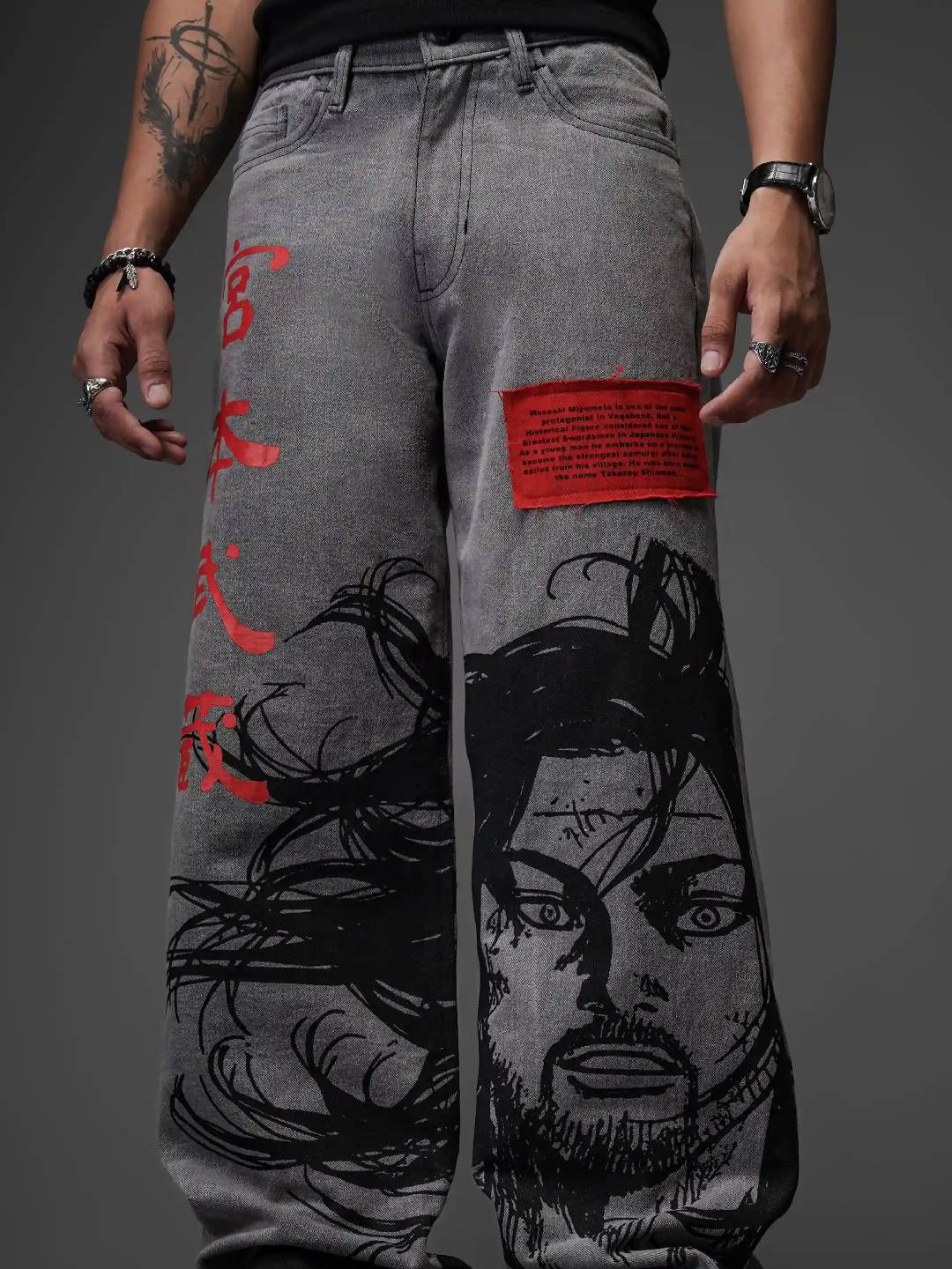 

SagaCity Men Relaxed Fit Mildly Distressed Printed Cotton Jeans, Grey