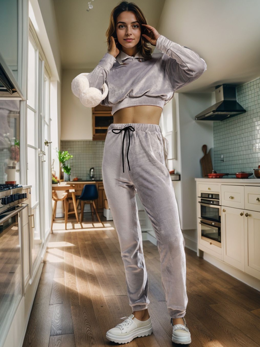 

DressBerry Solid Hooded Neck Sweatshirt With Joggers, Grey