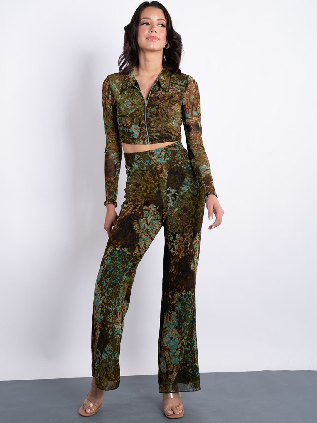

DressBerry Printed Shirt Collar Top With Trousers, Olive