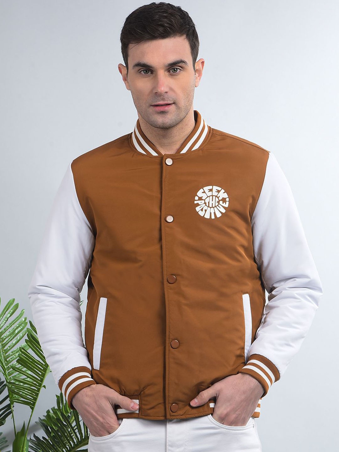 

COBB Men Stand Collar Colourblocked Casual Lightweight Varsity Jacket, Brown