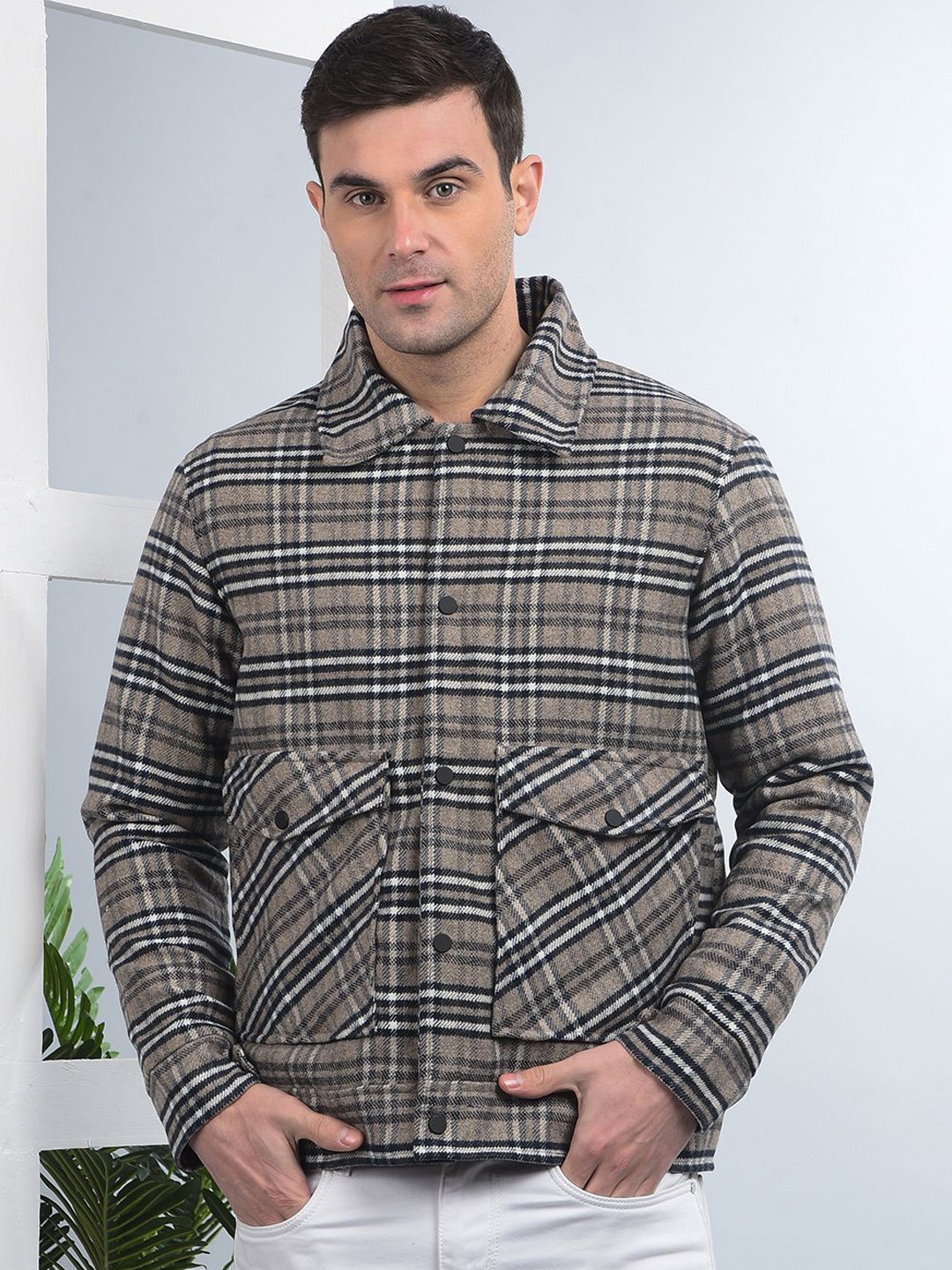 

COBB Men Spread Collar Checked Casual Lightweight Tailored Jacket, Beige