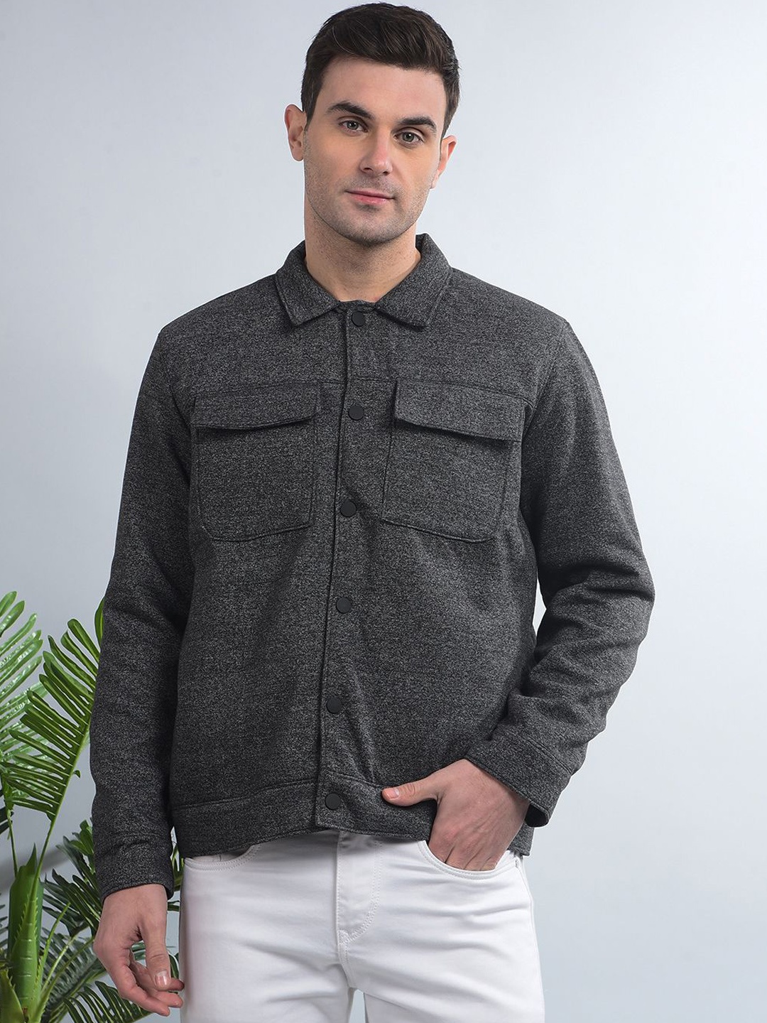 

COBB Men Textured Spread Collar Casual Shacket, Grey