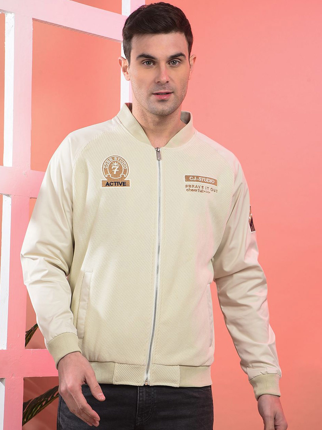 

COBB Men Stand Collar Self Design Casual Lightweight Bomber Jacket, Beige