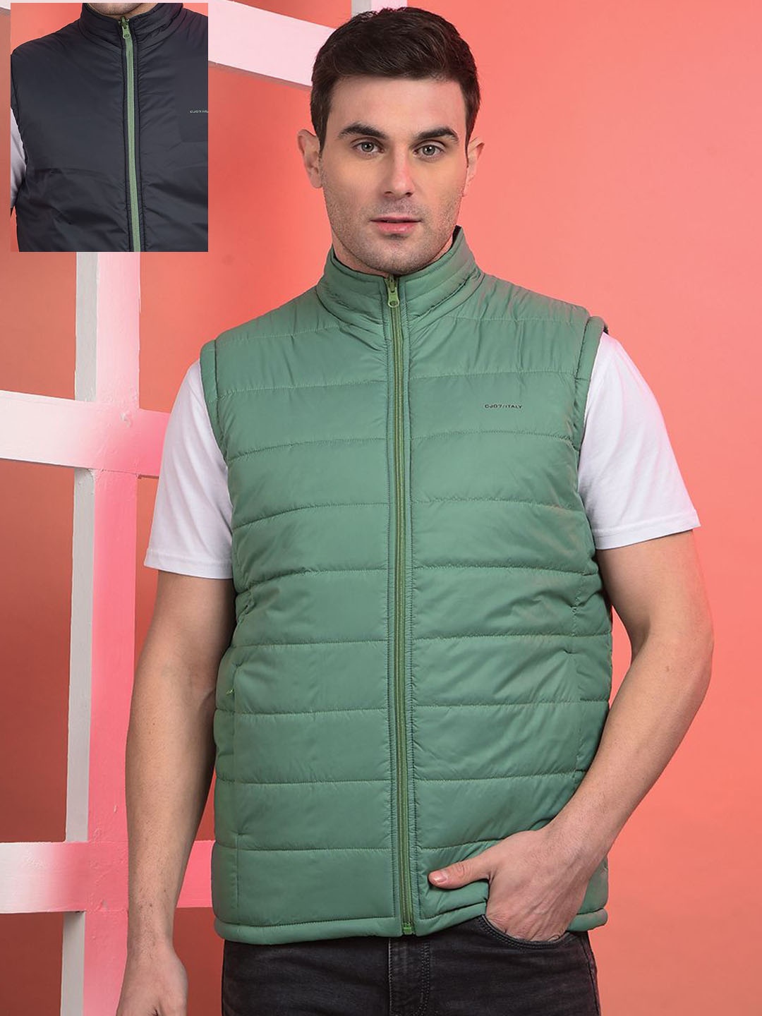 

COBB Men Mock Collar Solid Casual Reversible Gilet Jacket, Green