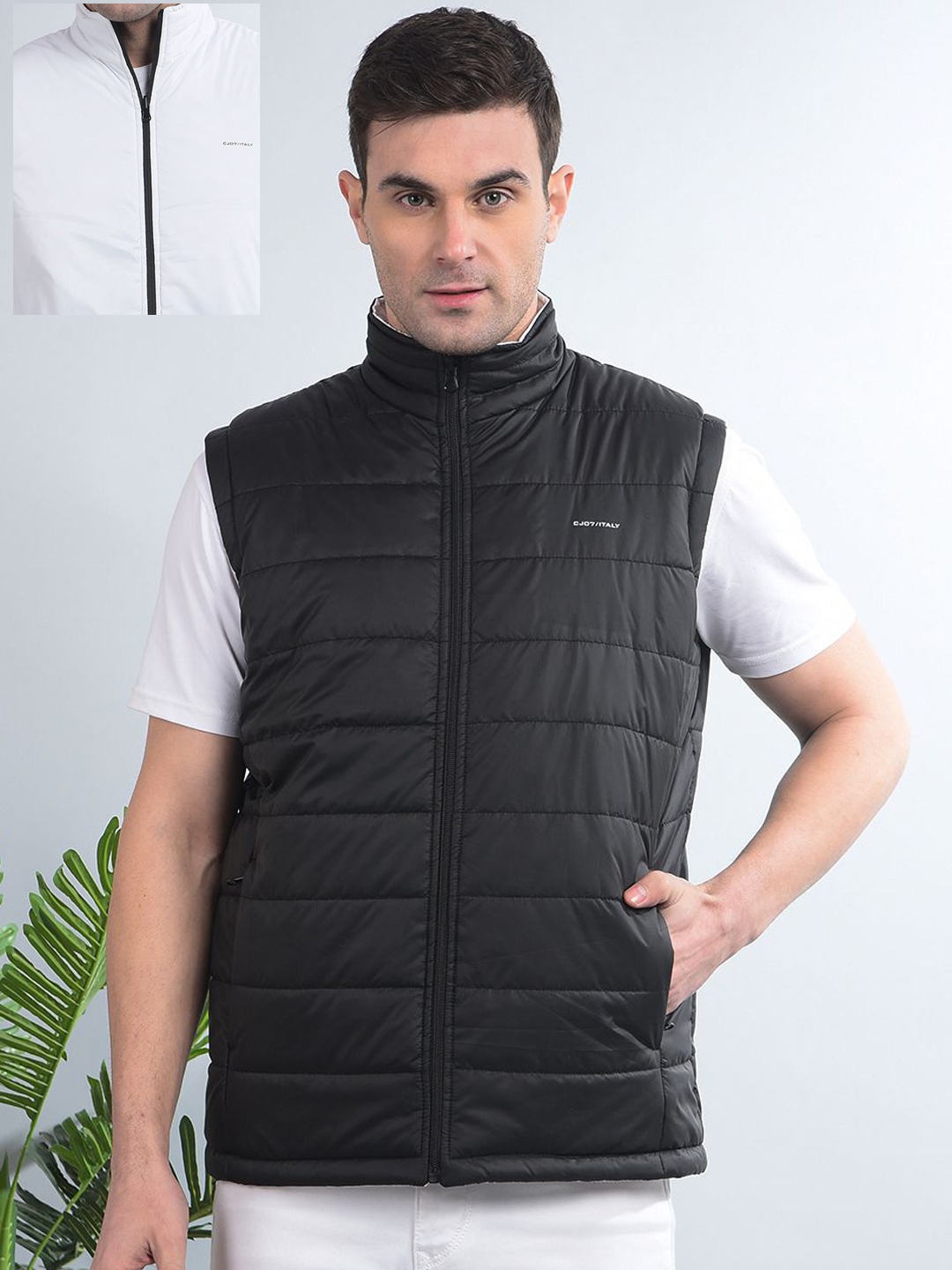 

COBB Men Mock Collar Solid Casual Reversible Gilet Jacket, Olive