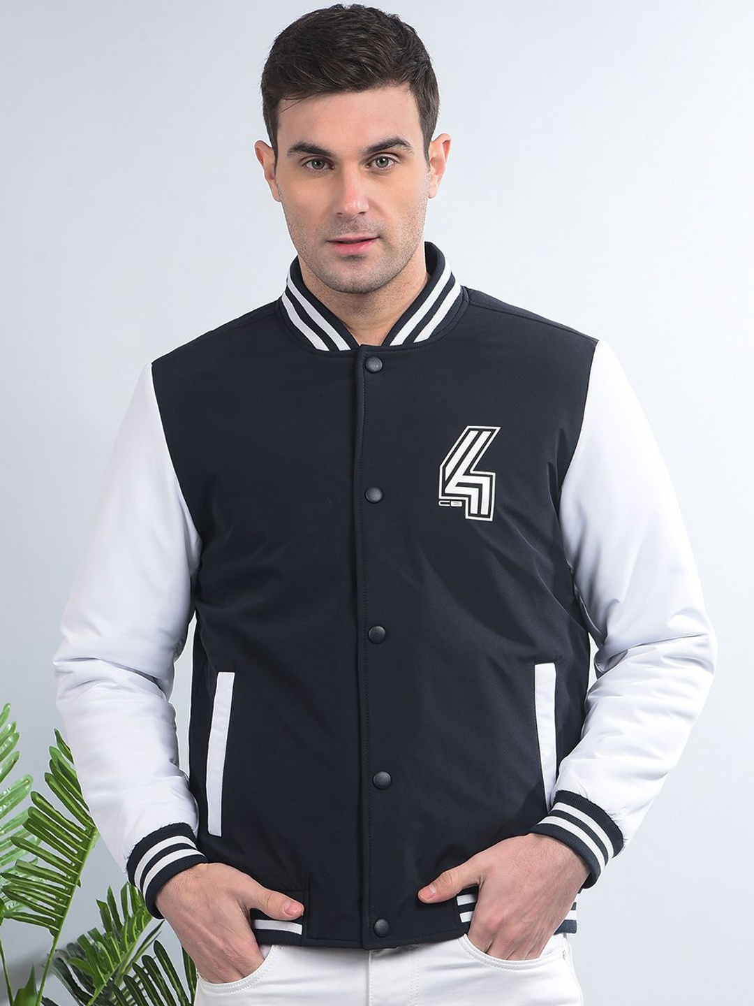 

COBB Men Stand Collar Colourblocked Casual Lightweight Varsity Jacket, Navy blue