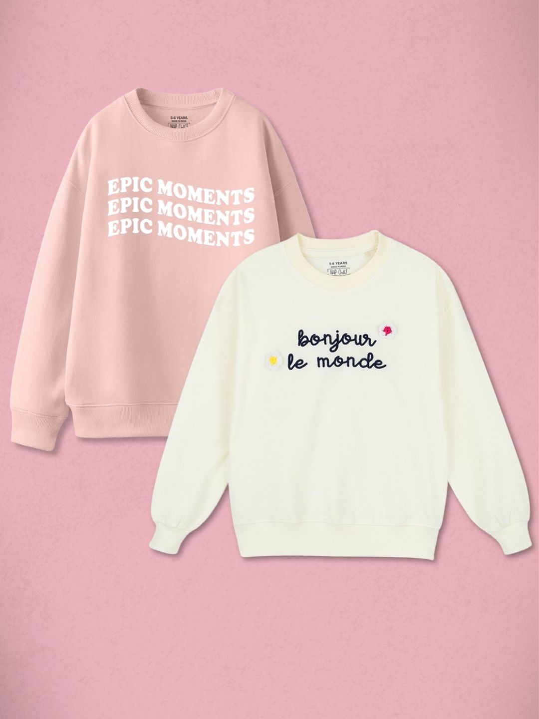 

Nap Chief Girls Pack Of 2 Epic and Bonjour Embroidered Oversized Pure Cotton Sweatshirts, Peach