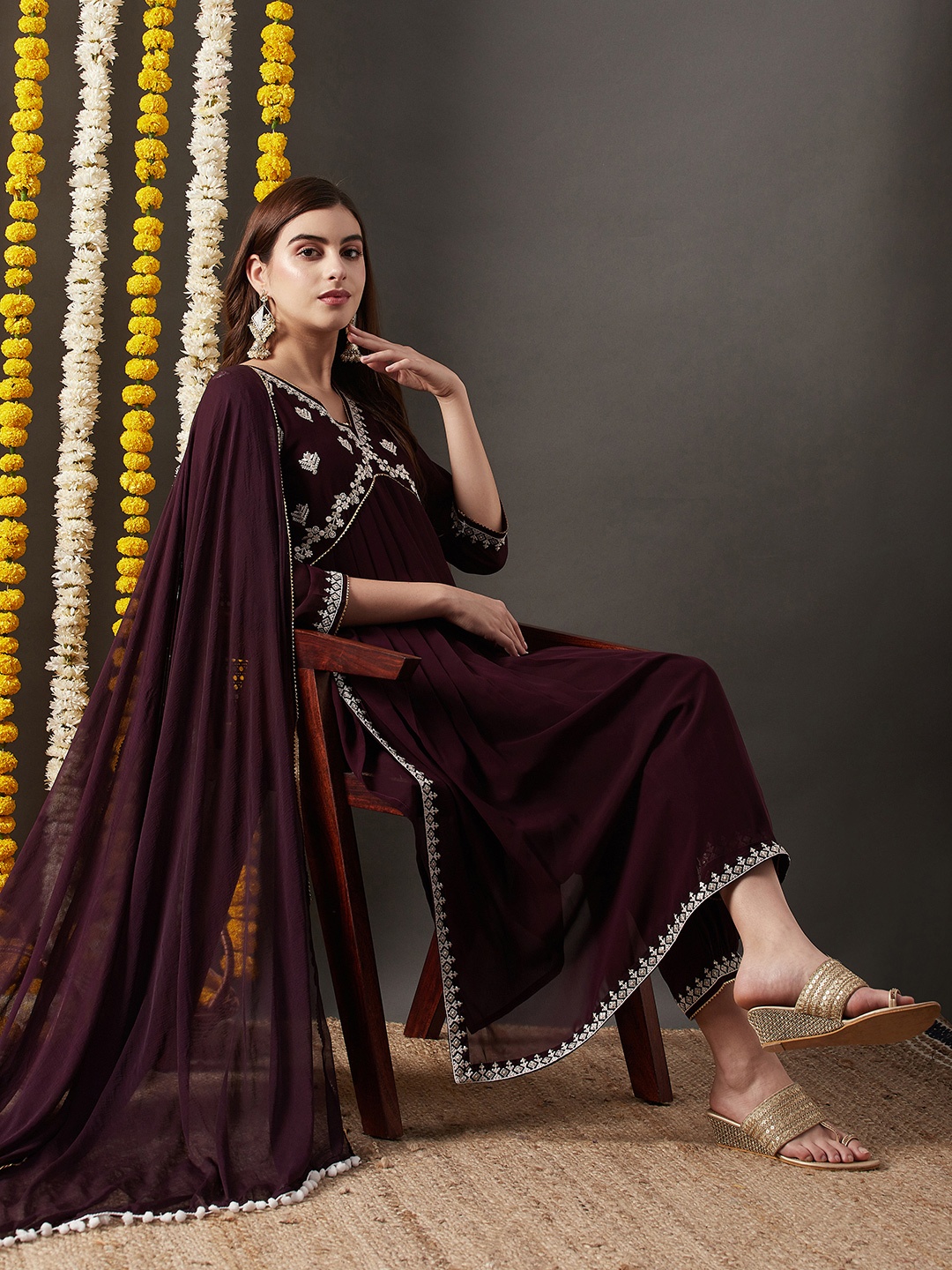 

RAJGRANTH Ethnic Motifs Embroidered V-Neck Empire Anarkali Kurta With Trouser & Dupatta, Burgundy