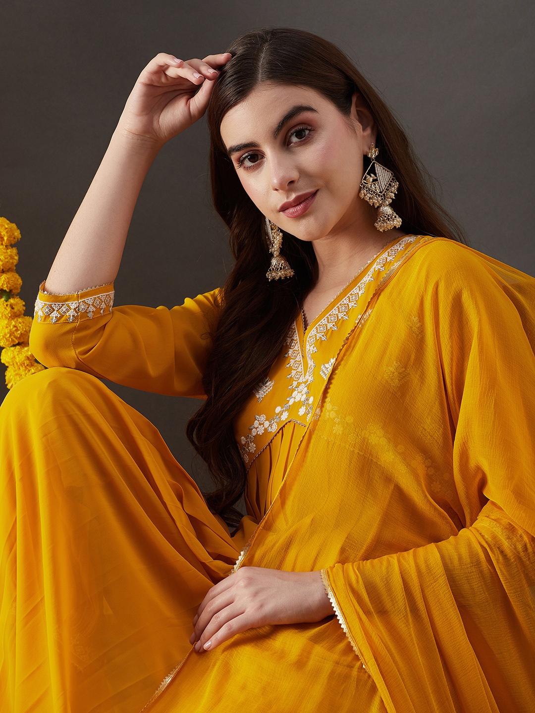 

RAJGRANTH Ethnic Motifs Embroidered V-Neck Empire Anarkali Kurta With Trouser & Dupatta, Mustard