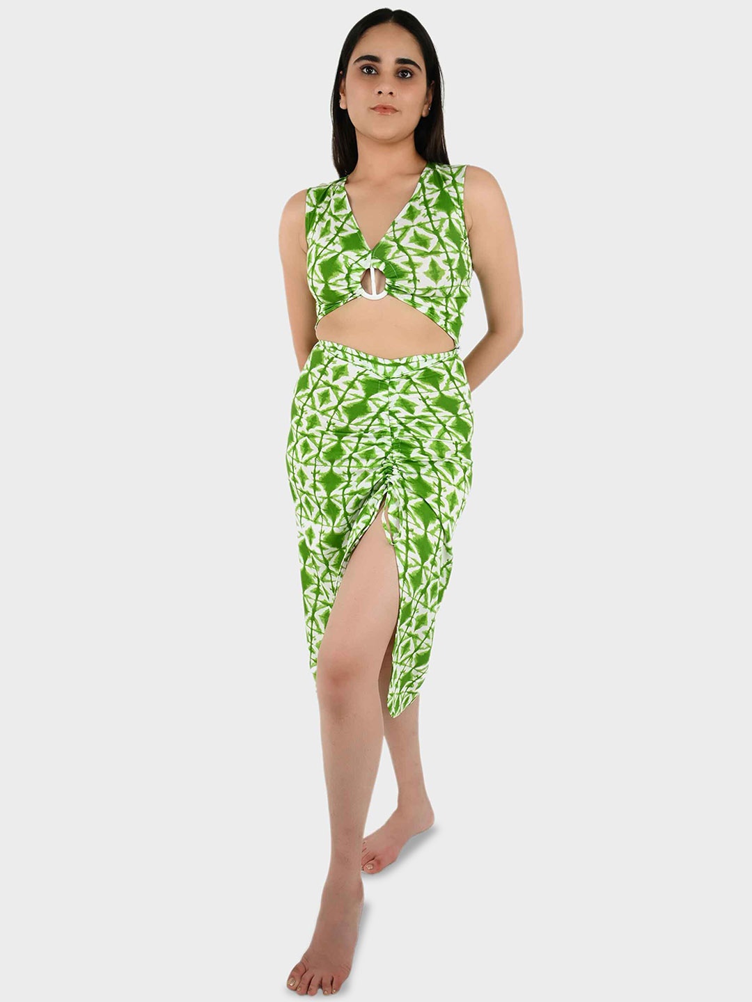 

Blissence Geometric Printed Pure Cotton Buckle Top & Skirt Swimwear Cover up Set, Green