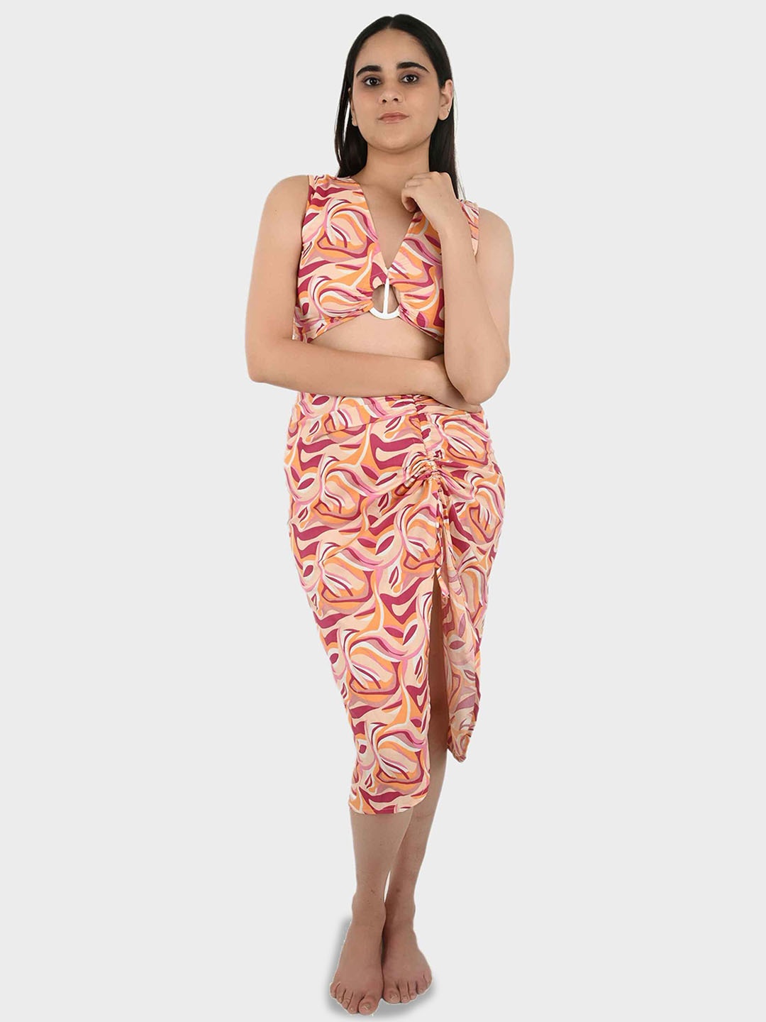 

Blissence Abstract Printed Sleeveless Pure Cotton Buckle Top & Skirt Swimwear Cover up Set, Peach