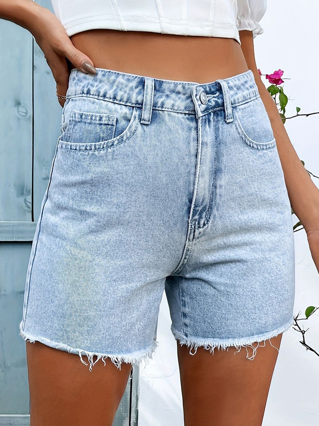 

StyleCast Women Regular Fit Washed Denim Shorts, Blue