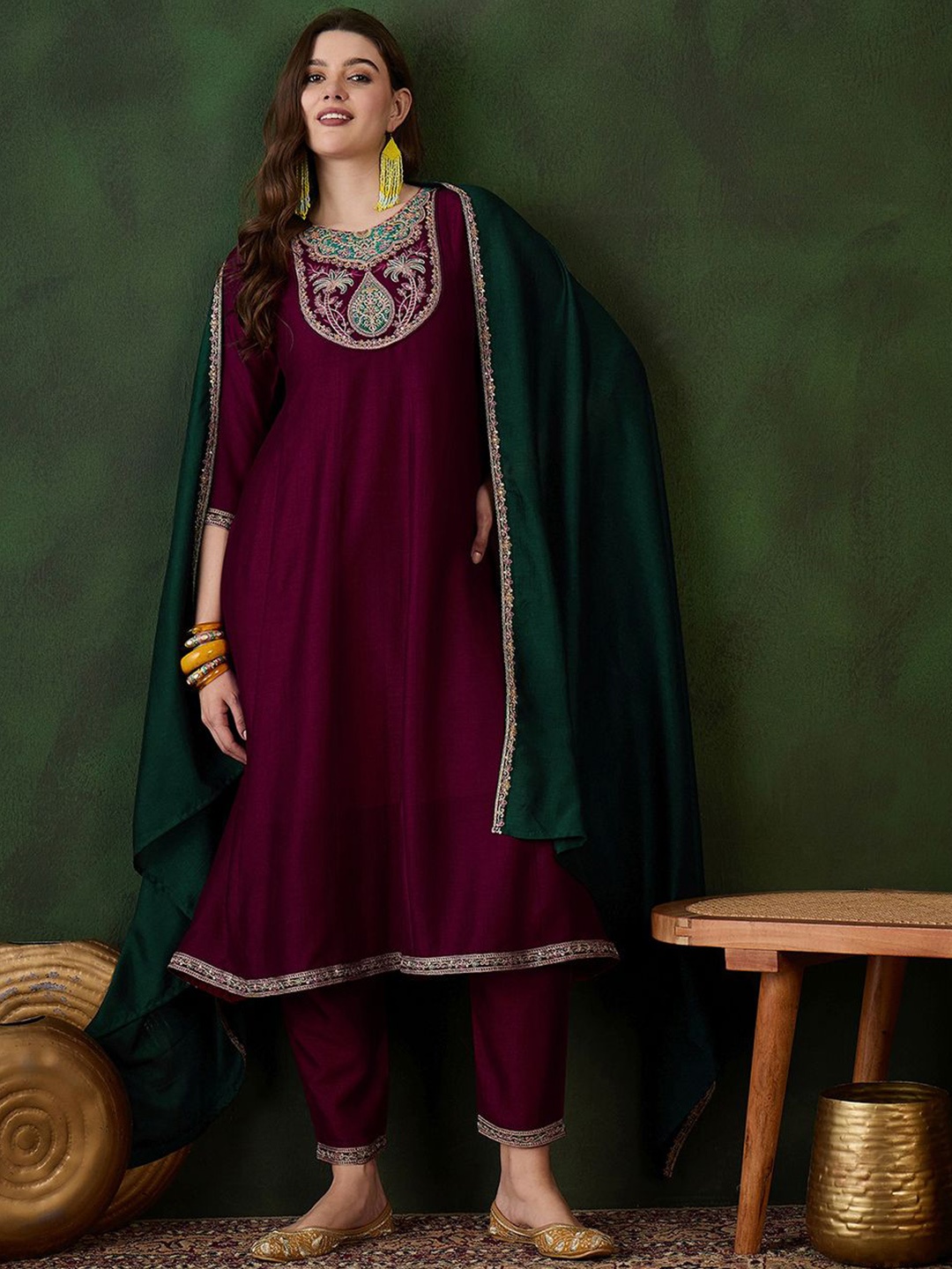 

Sangria Burgundy Floral Yoke Design Zari Panelled A-Line Kurta With Trouser And Dupatta