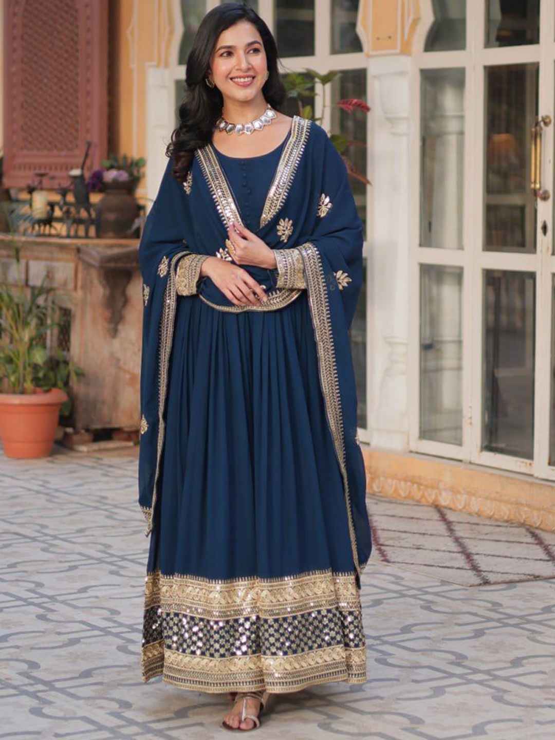 

JATRIQQ Embroidered Gown With Dupatta, Teal