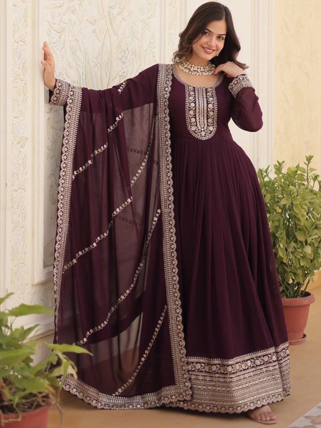 

JATRIQQ Women Embroidered Ethnic Dresses with Dupatta, Purple