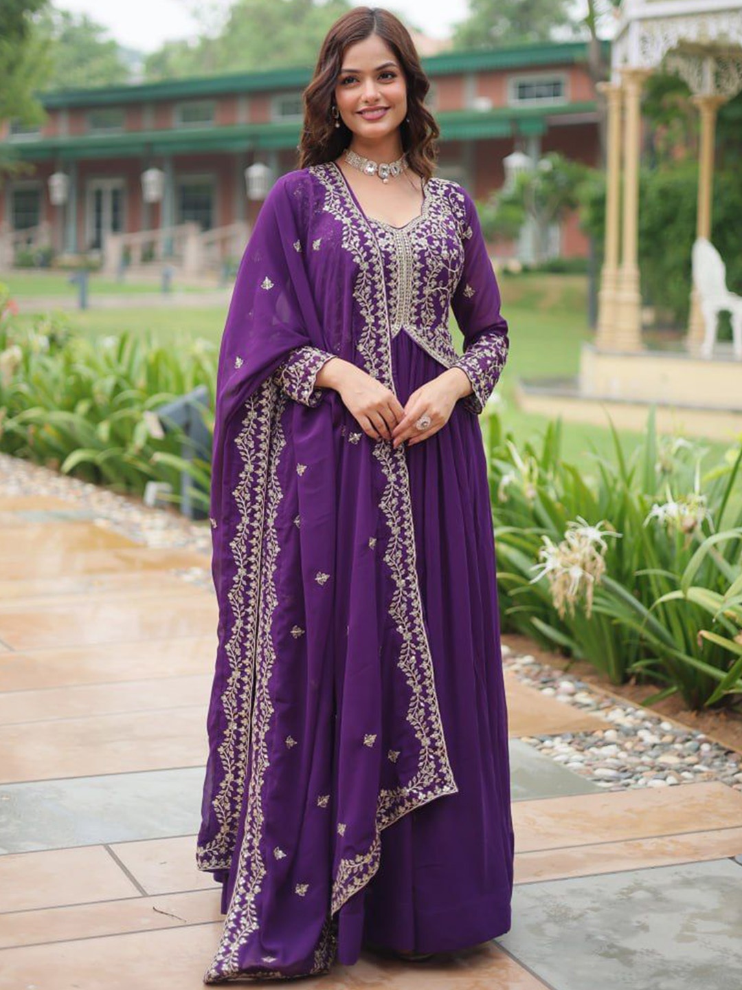 

JATRIQQ Women Embroidered Georgette Gown With Dupatta, Purple