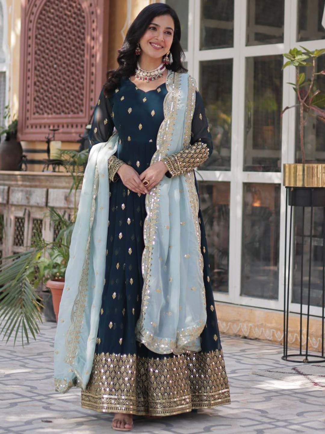 

JATRIQQ Women Embroidered Gown With Dupatta, Teal