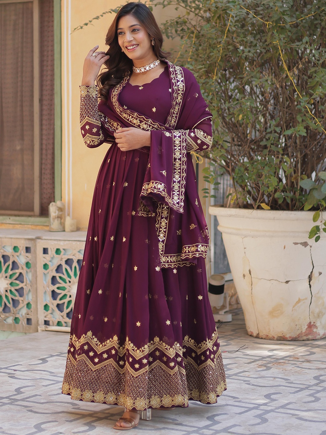 

JATRIQQ Women Embroidered Gown With Dupatta, Purple