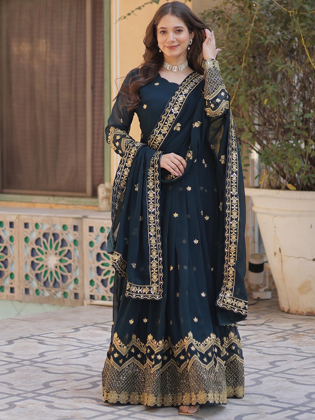 

JATRIQQ Women Embroidered Gown With Dupatta, Teal